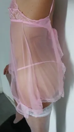 transparent pink nightie white stoking high heels         