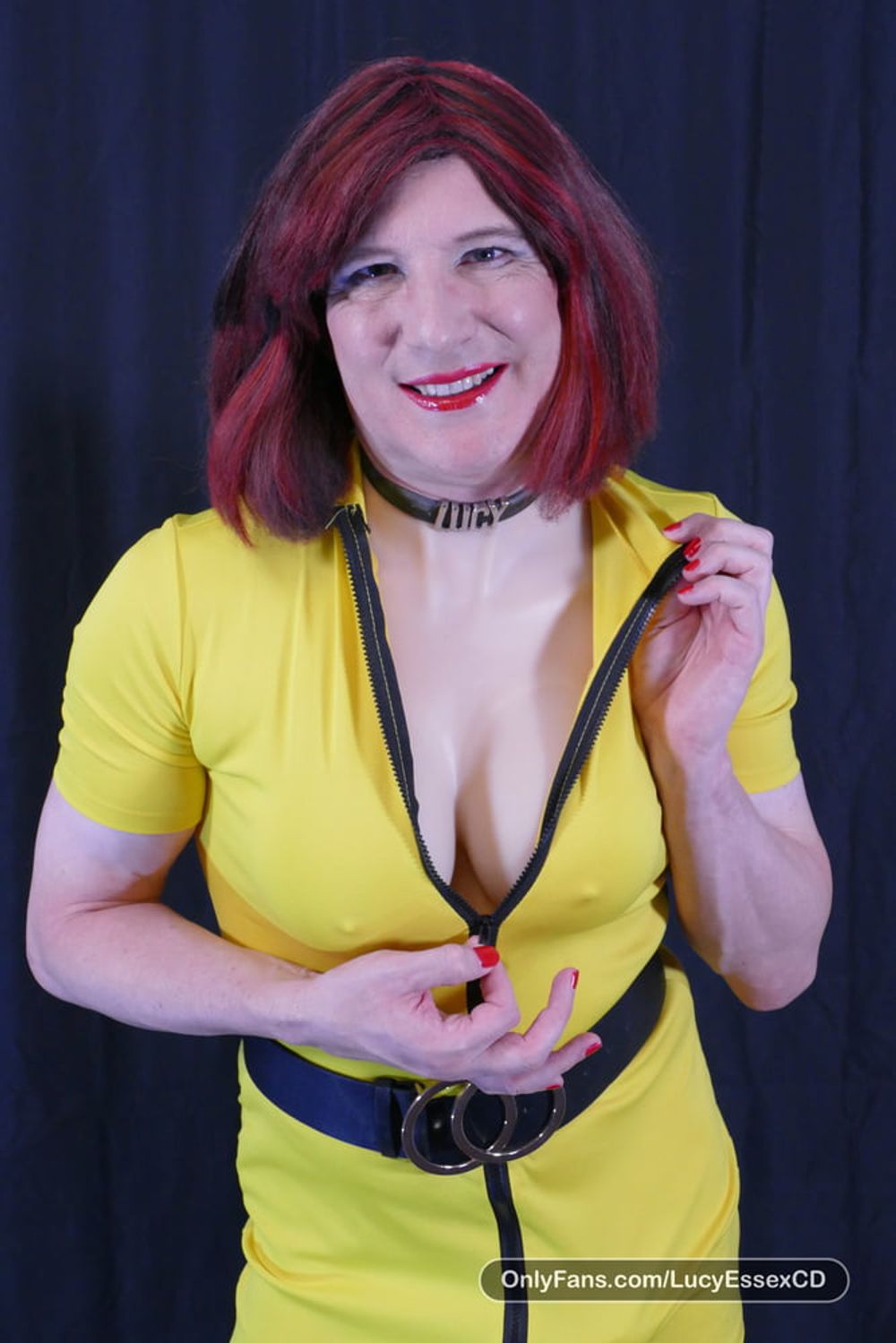 Big cock TGirl Lucy with big fake tits in yellow mini dress #3