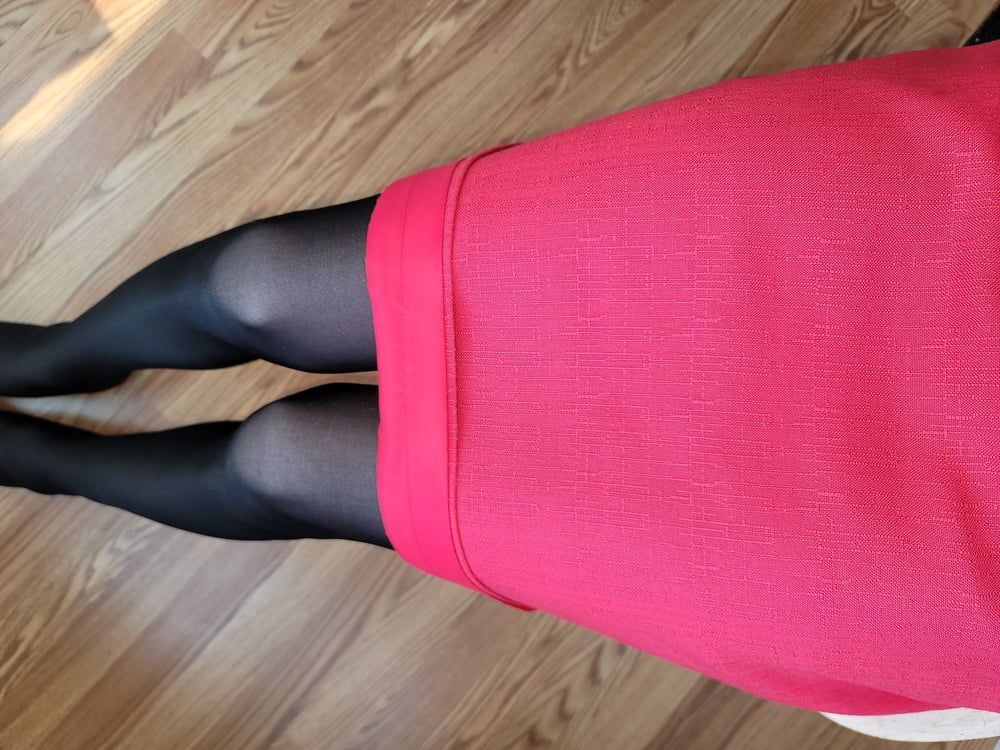 Pink pencil skirt with black pantyhose  #27