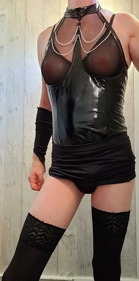 Skinny Blonde CD Posing with little Fake Tits  #8