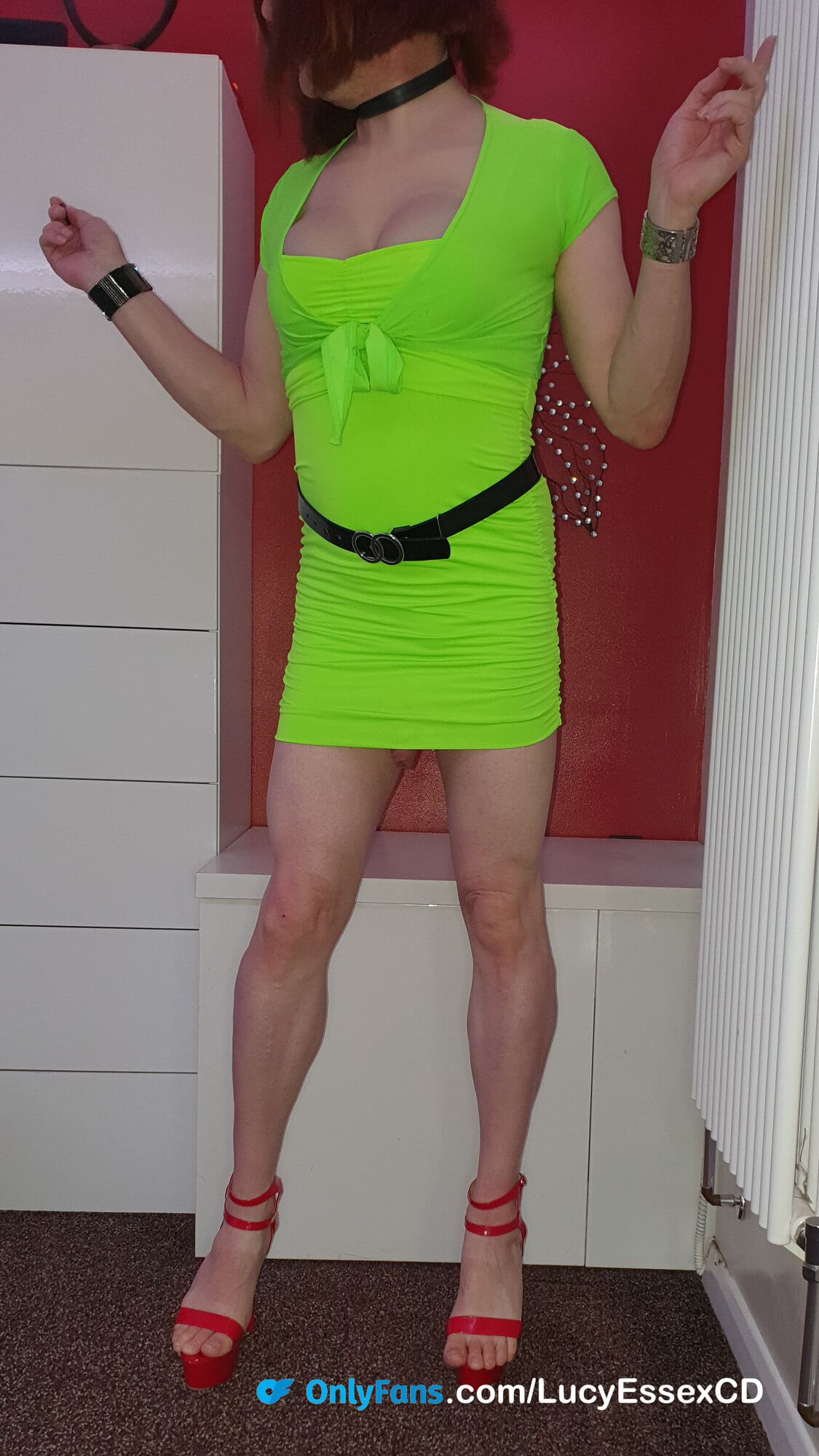 Big cock sissy Lucy bulging and wanking in green mini dress
