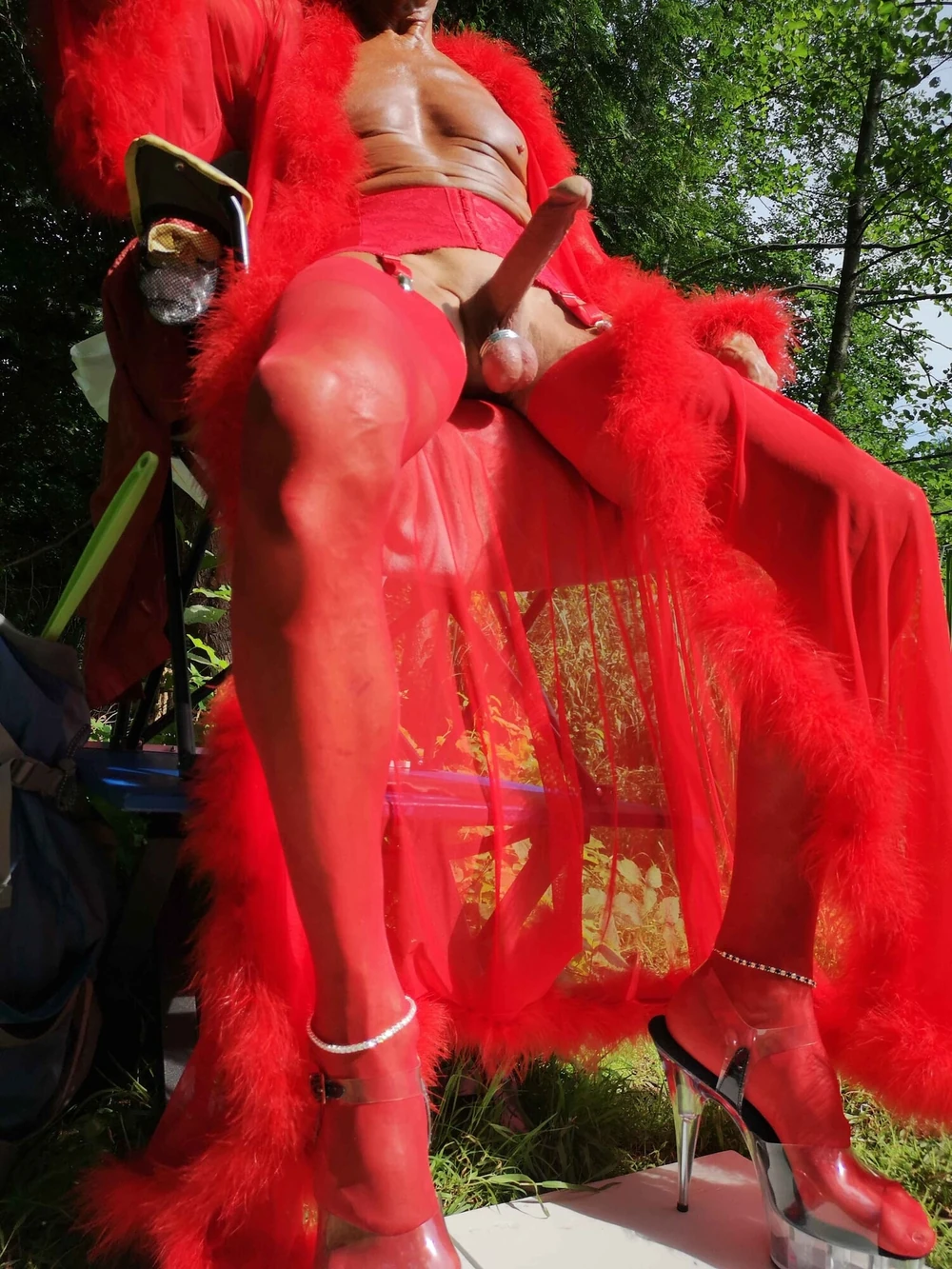 Crossdresser in red Lingerie at public Nudist Lake #15
