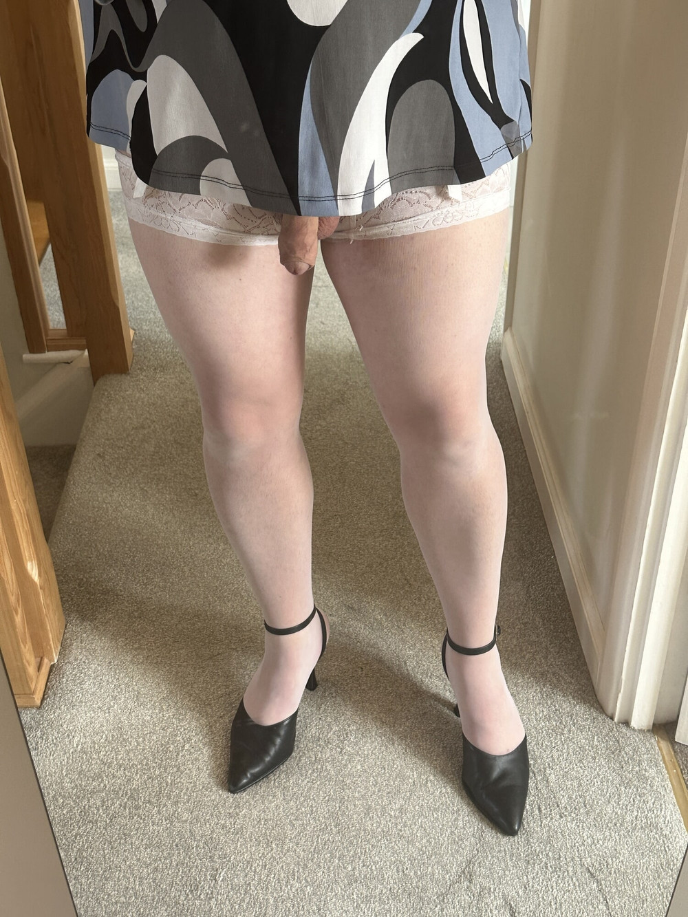 Crossdresser wearing White Stockings and sexy Heels #30
