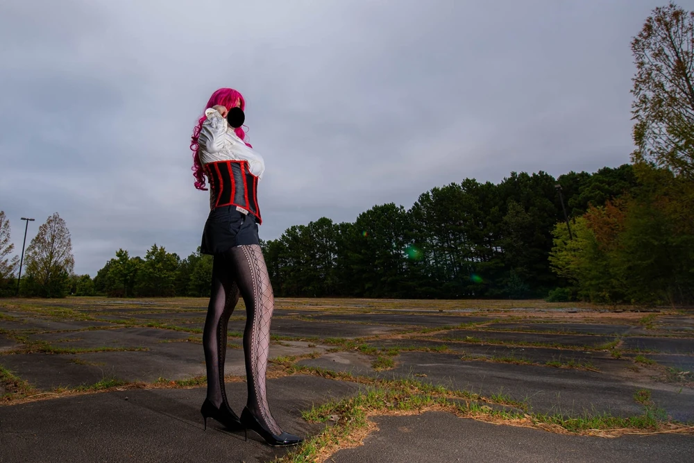Fake tits crossdresser in short skirt and corset out side #3