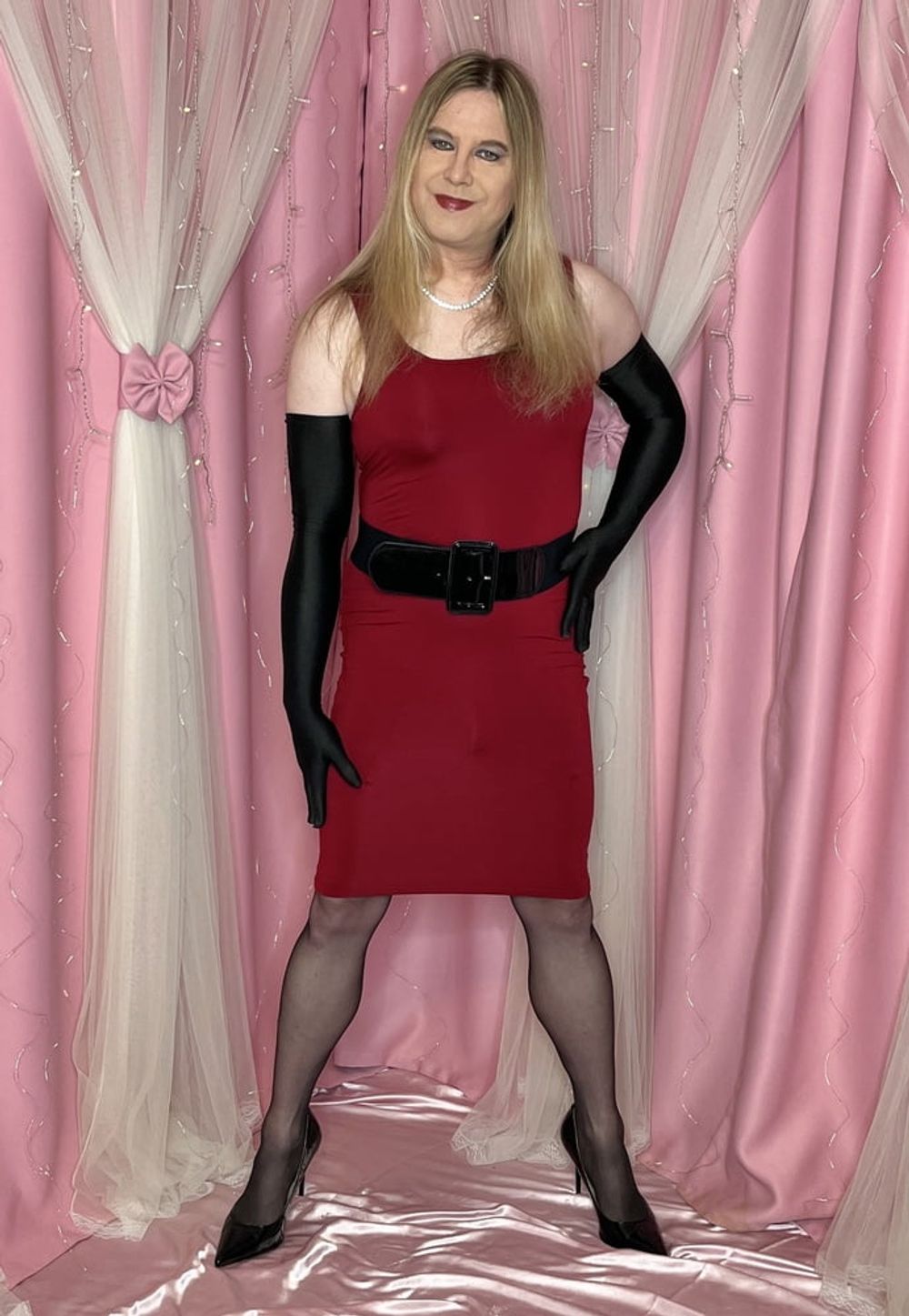 Joanie - Red Dress and Y Strap Garter Belt #6