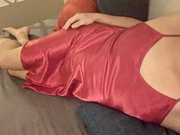 Red Satin and Pink pantyhose 