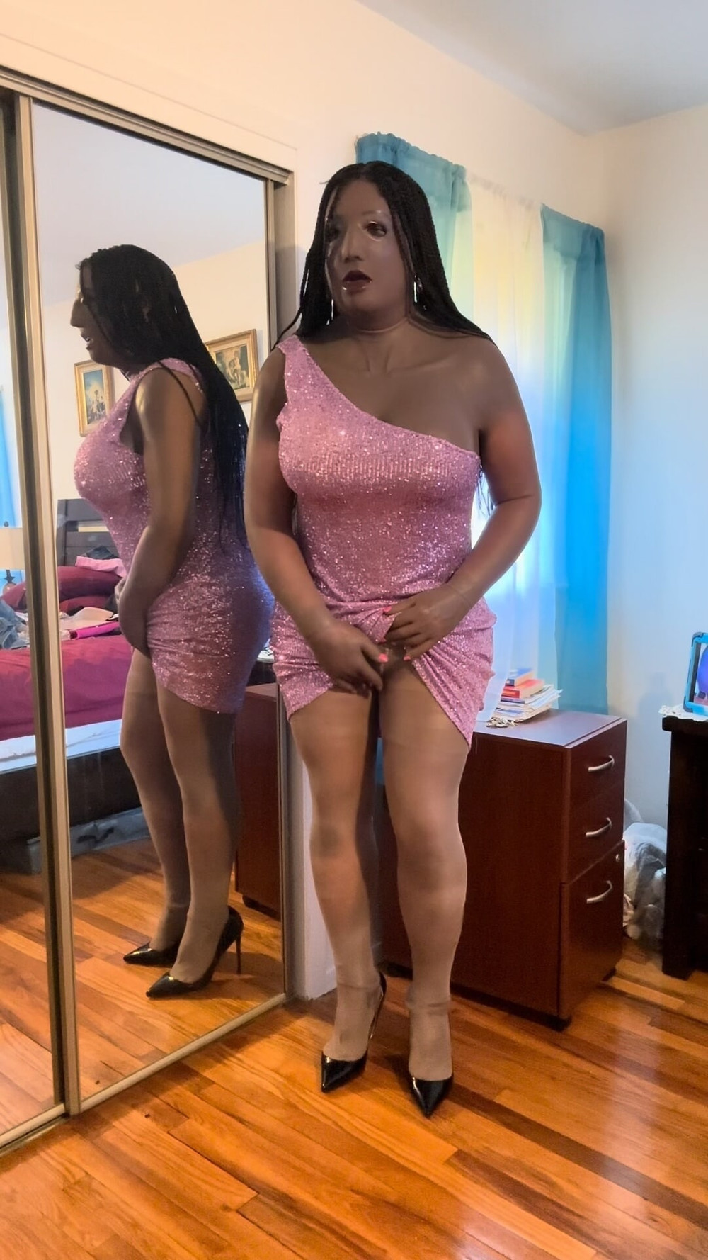 Danae in purple asymmetric glitter dress #11