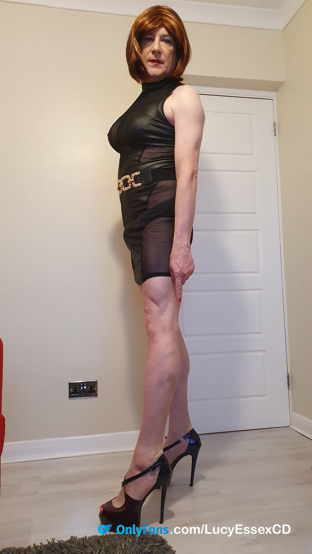 Big Cock TGirl Lucy in black mesh panel minidress #4