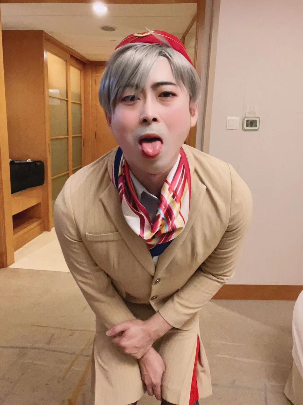 Asian femboy sissy in Emirates flight attendant dress #4