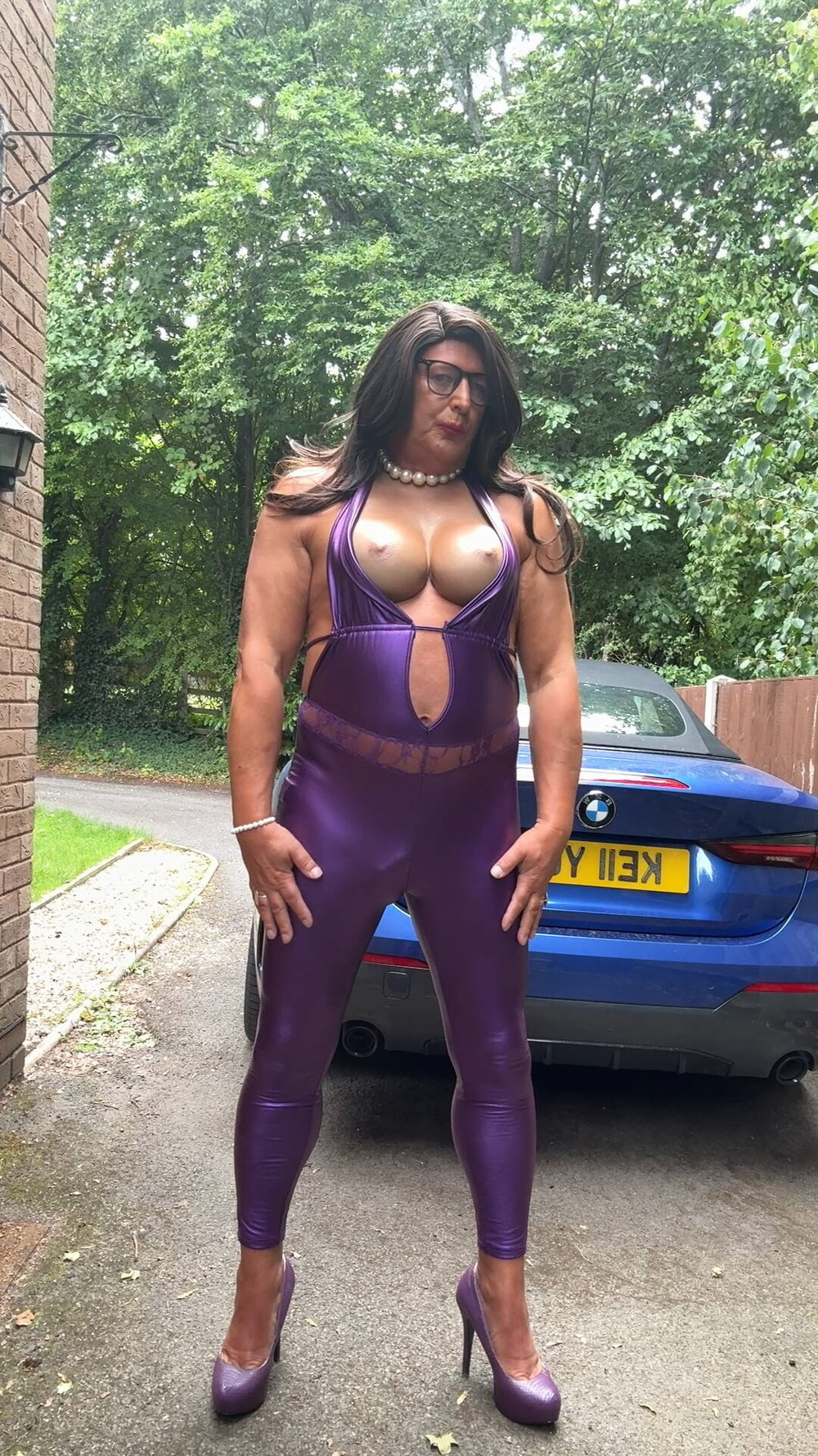 Sexy Crossdresser kellycd2022 in purple pvc catsuit and heel #3