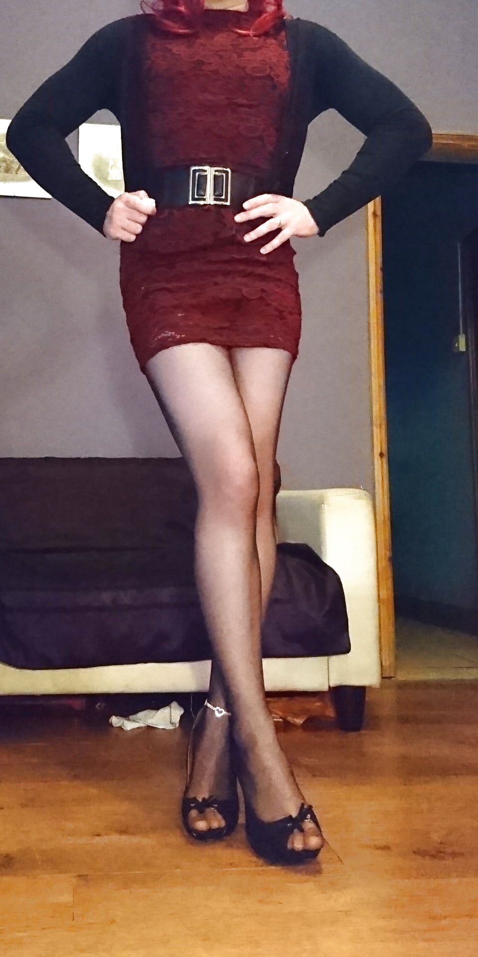 Marie crossdresser in red lace dress and sheer pantyhose #9
