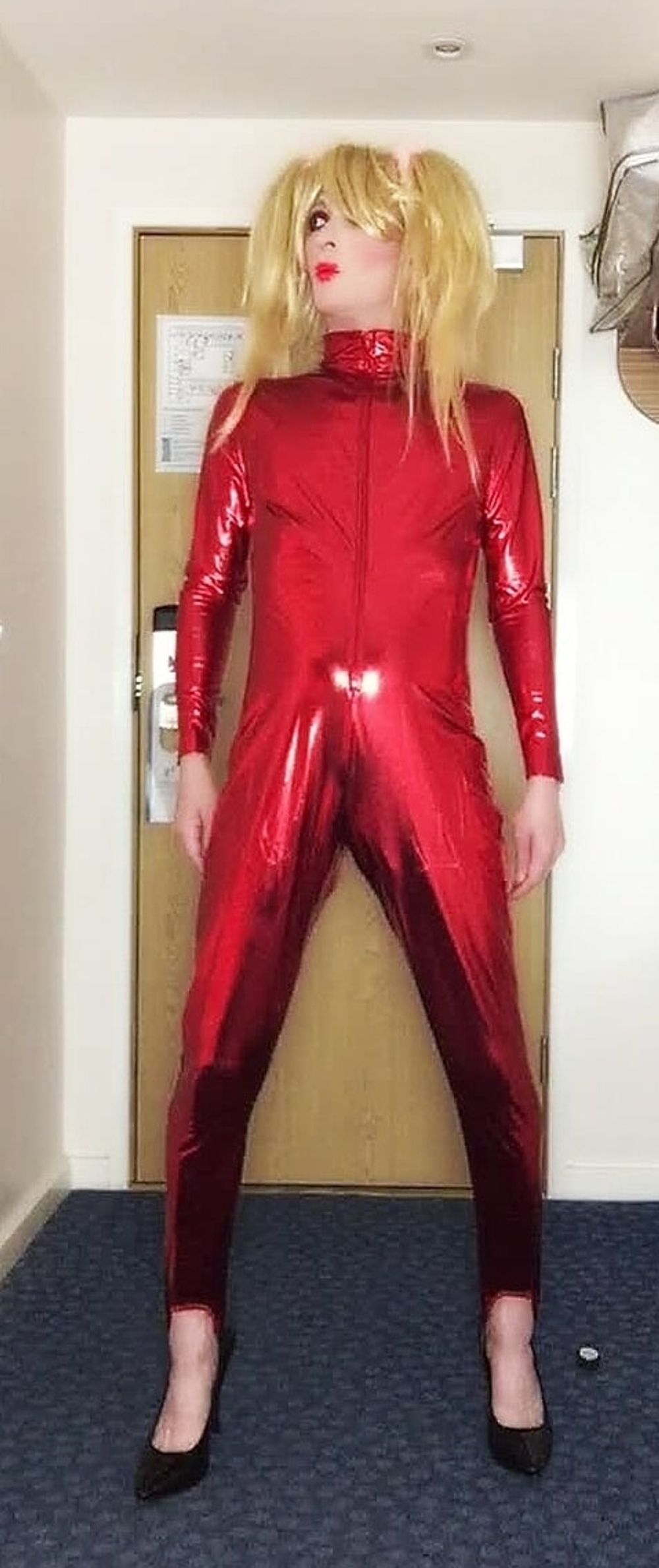 Sissy red shiny catsuit #3