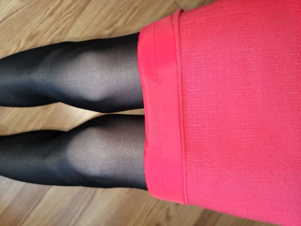 Pink pencil skirt with black pantyhose  #28