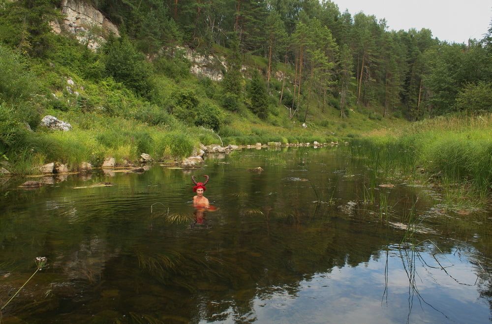 With Horns In Red Dress In Shallow River #31