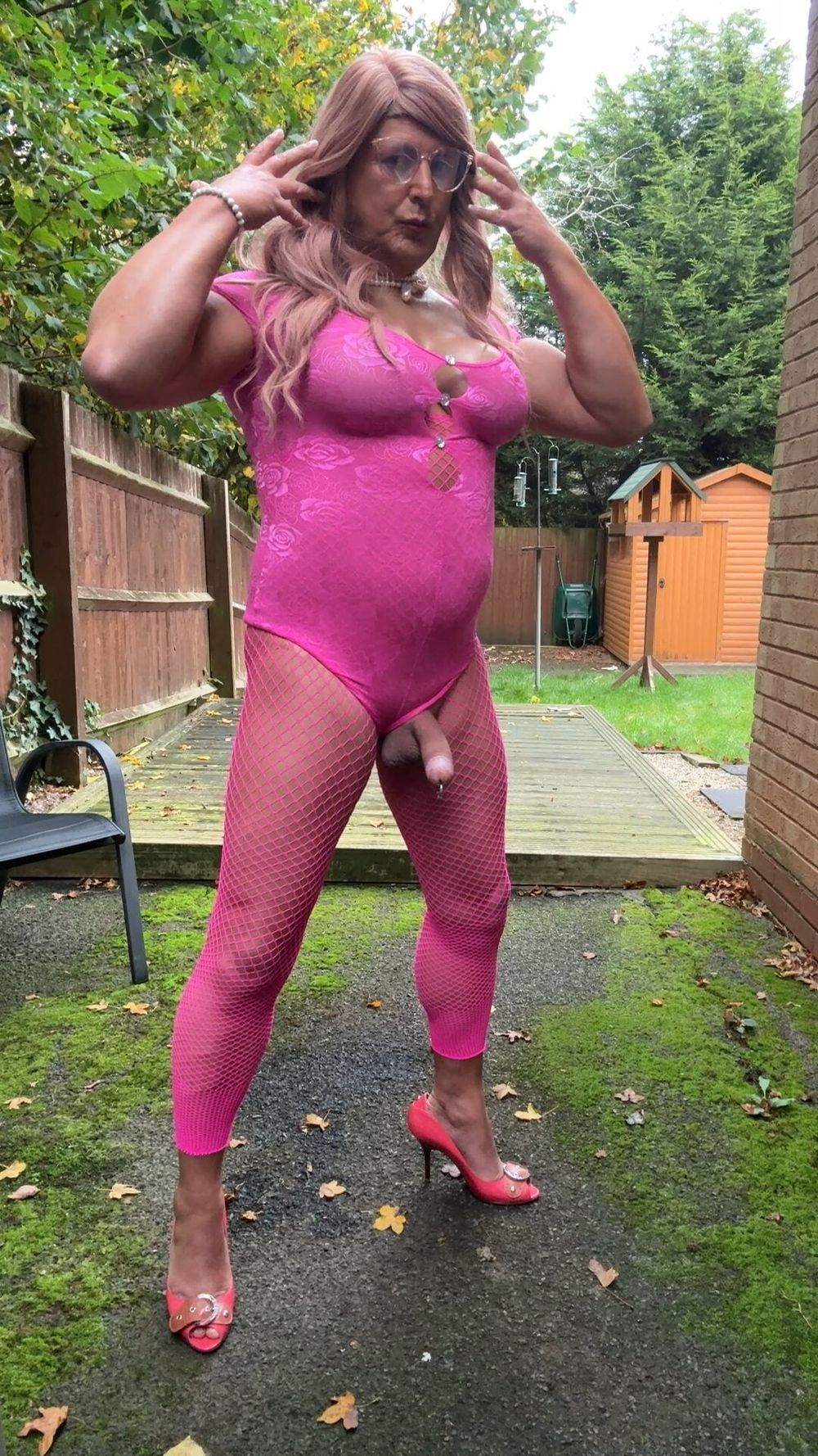 Crossdresser kellycd2022 in pink playsuit and fishnets  #41