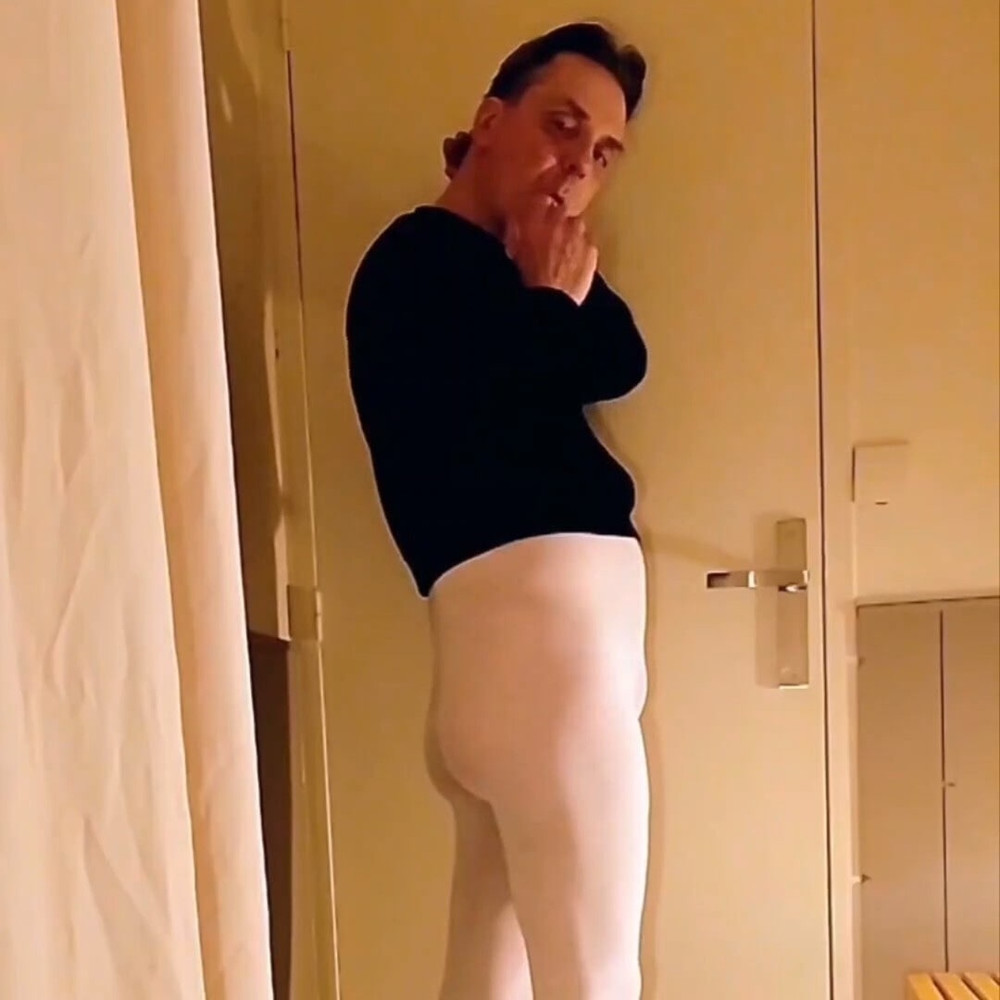 Cock stroking and anal play in white open pantyhose #11