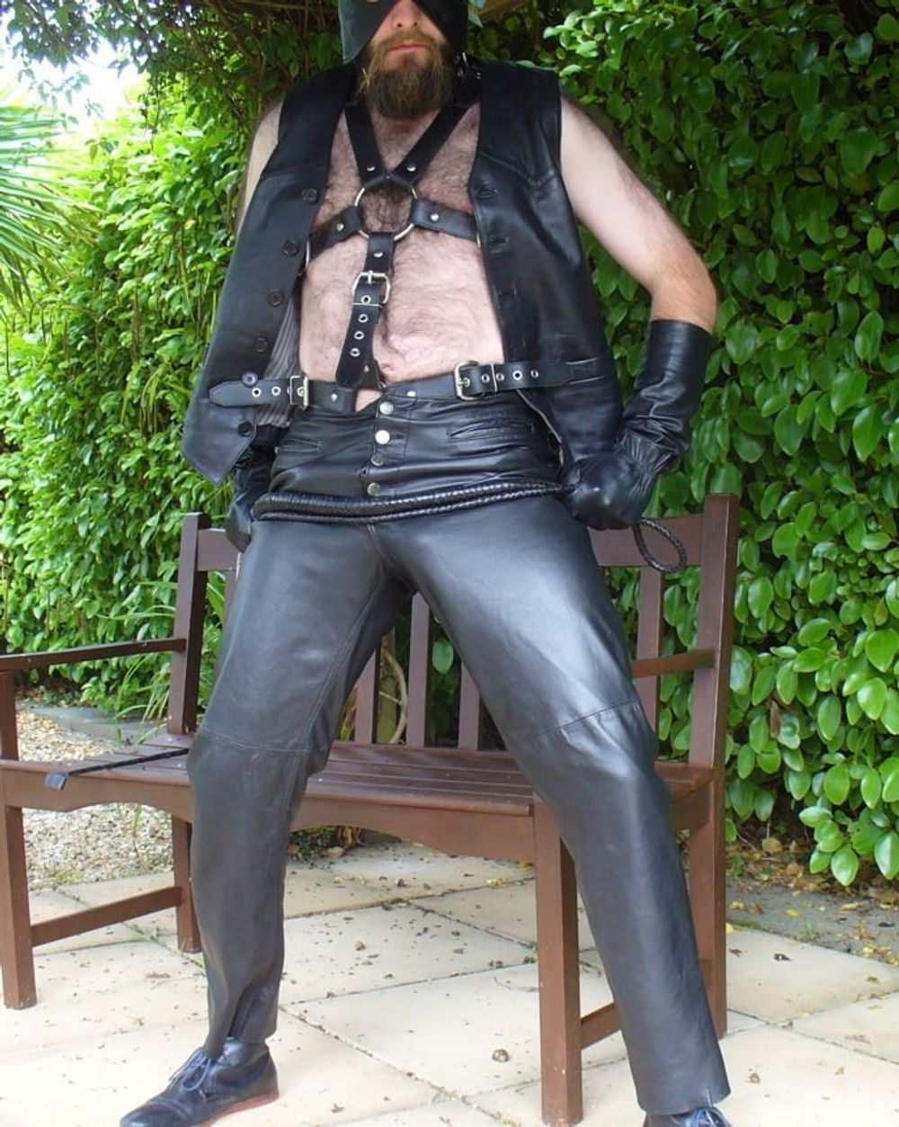 Leather Master outdoors in harness with whip