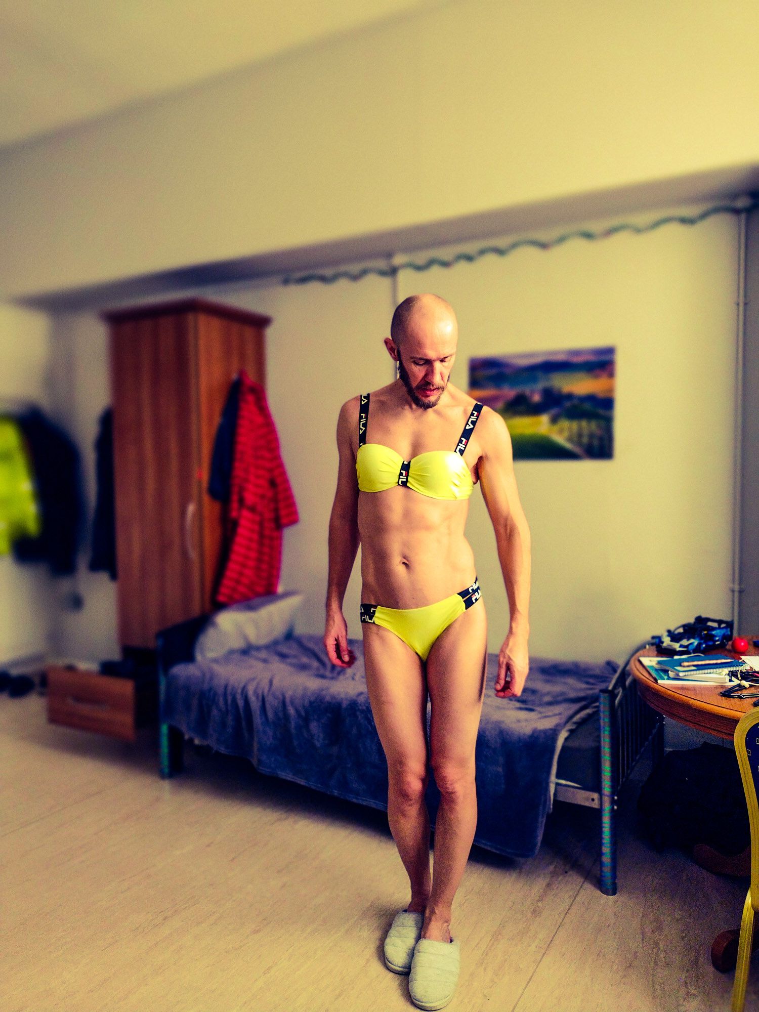 Bearded athletic man posing in yellow swimsuit  #19
