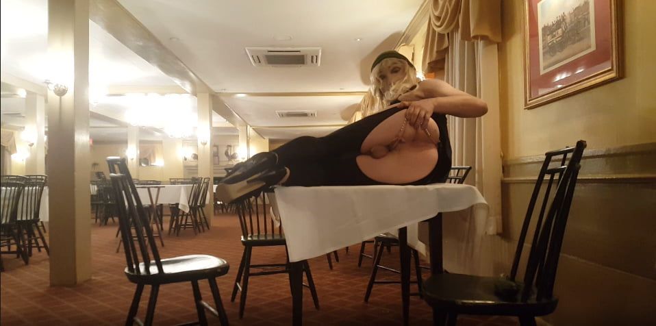 slutty blonde CD in public Hotel dining room #9