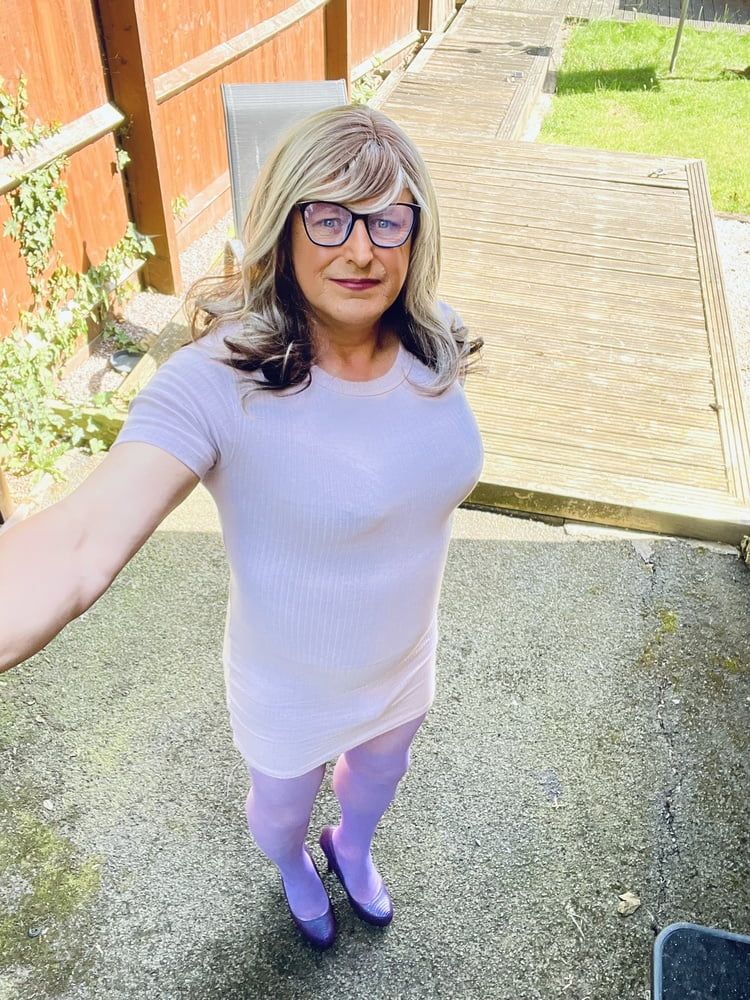 Crossdresser Kellycd in lilac dress and seamless pantyhose  #2