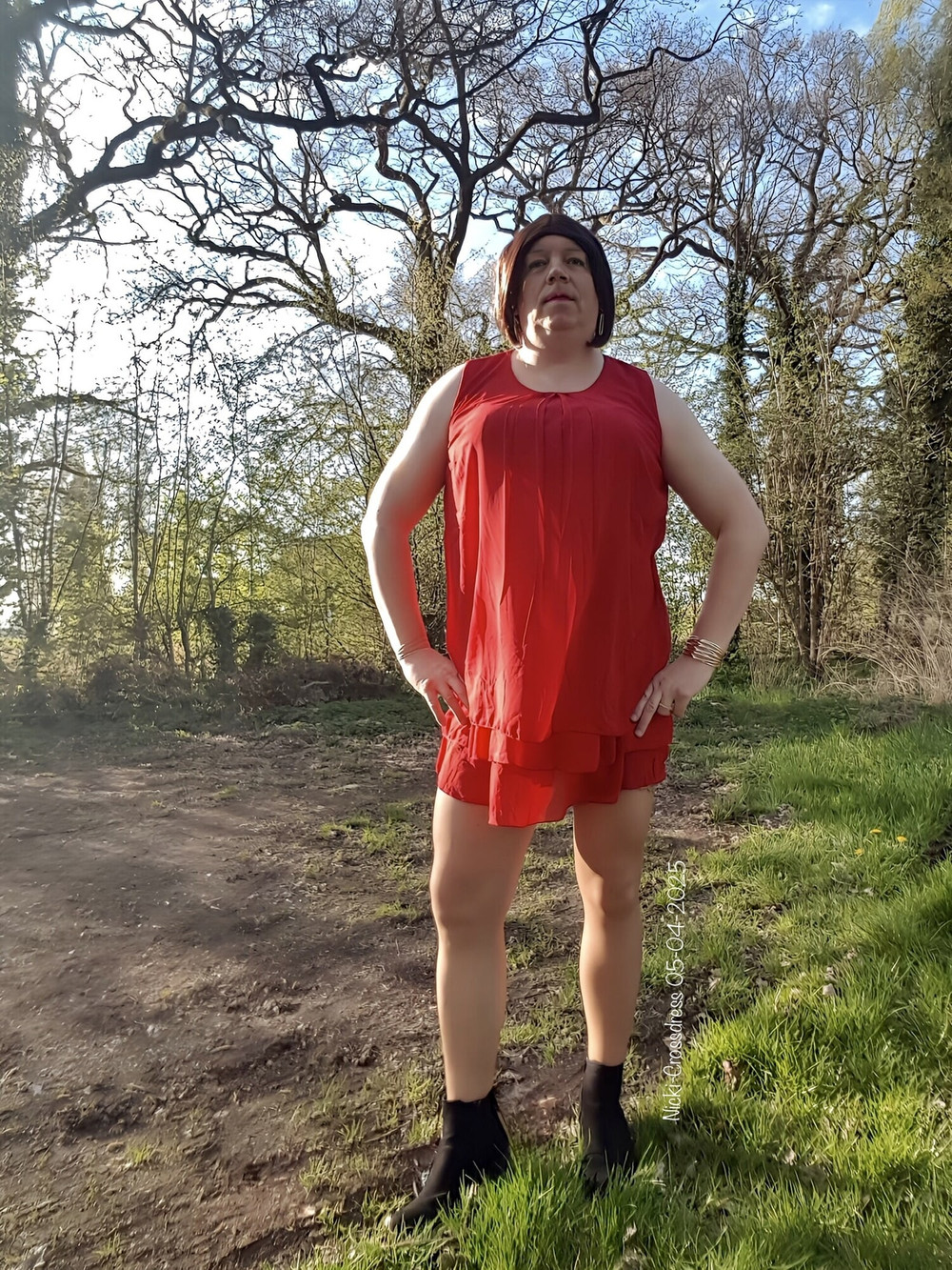 Nicki-Crossdress sexy red Chiffon Dress Outdoor  #3