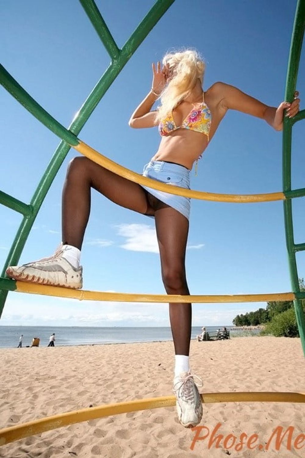 Blonde At The Beach In Jean Skirt, Black Pantyhose #5