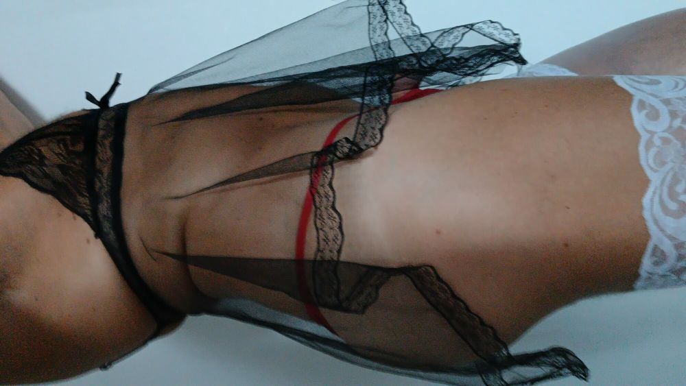 Sexy transparent BLACK nightie RED pantie WHITE stoking #8