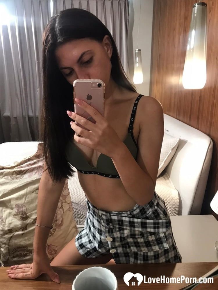 Hot schoolgirl reveals her tits in the mirror #13