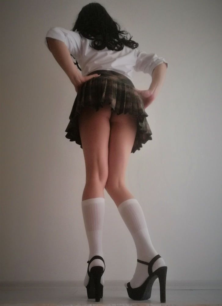 Sissy School Girl, Black High Heels & Skirt #16