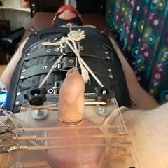 Couro bondage sack &cbt ball press com som