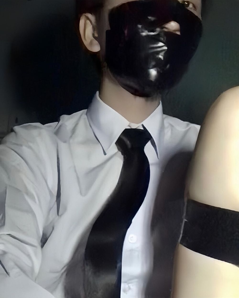 Wearing a white shirt and shiny black tie, gagged with duct  #3