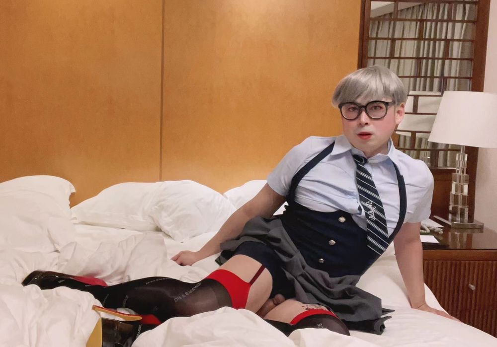 Asian sissy in school girl uniform and black stockings #15