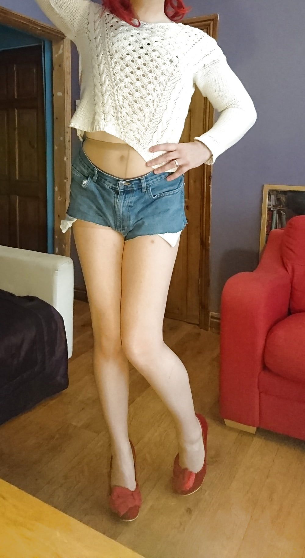 Marie crossdresser denim cut-offs and nude pantyhose #18