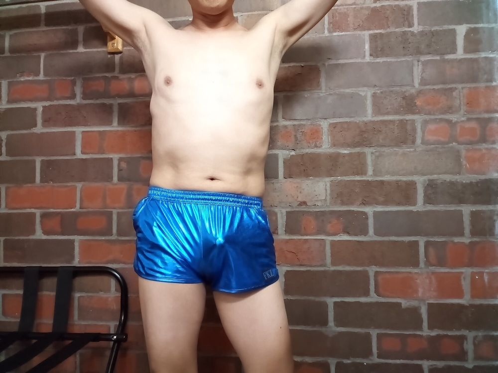 Asian in shiny blue hot pants short shorts #4