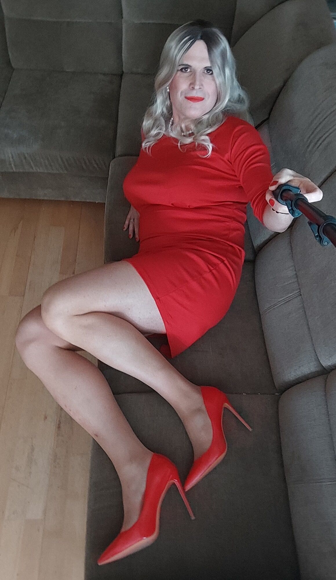 Red dress and nude pantyhose