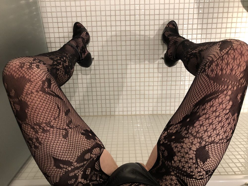 Sissy dressed in heels and fishnets #17