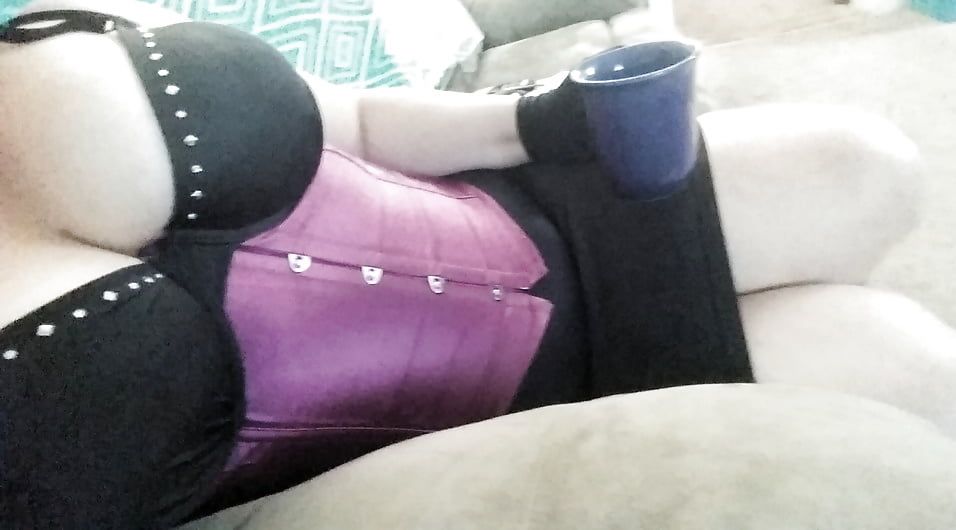 MILF in Purple Corset & Satin Gloves Playing with Huge Tits