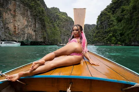 stunning monika fox in pink bikini on boat in paradise         