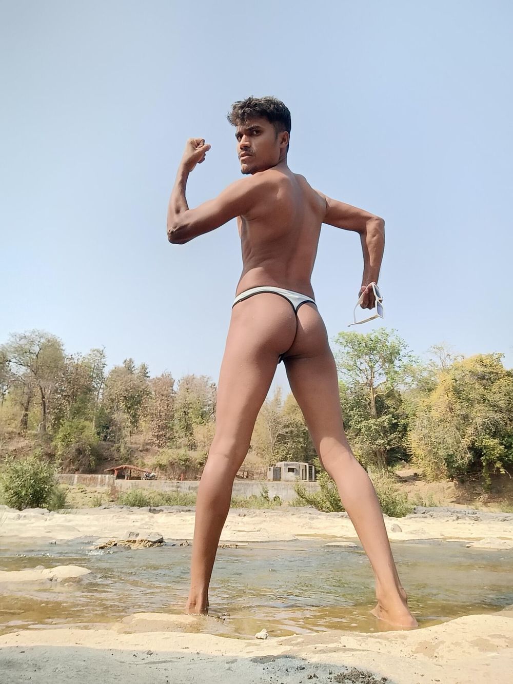 Hot muscular gym boy outdoor in river bathing enjoying swimm #2