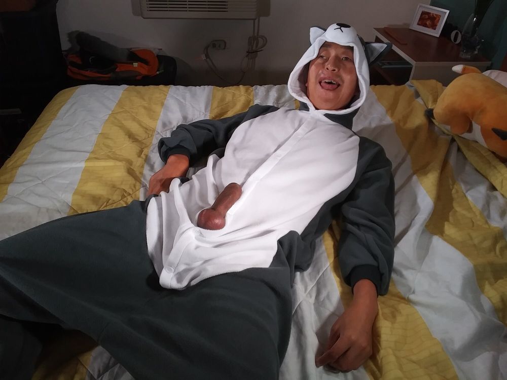 Hot asian boy wearing furry onesies and shiny undies #56