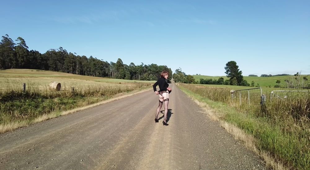 Crossdress Road trip- Rural road -Black Dress #28