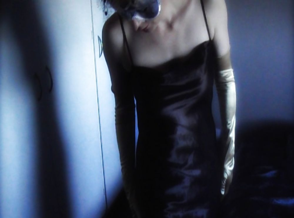 Silky black satin gown, gold satin gloves #2