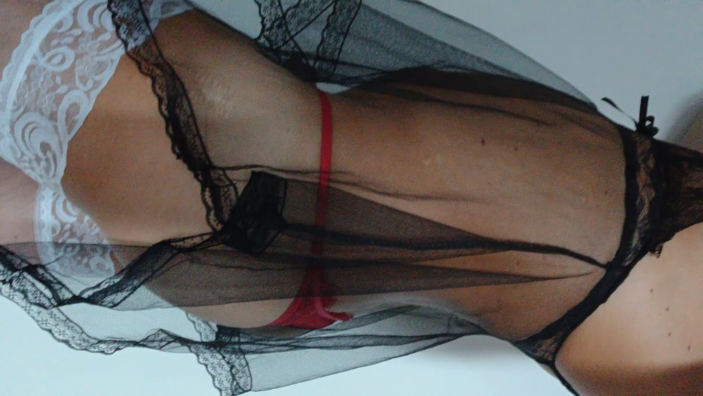 Sexy transparent BLACK nightie RED pantie WHITE stoking  #4