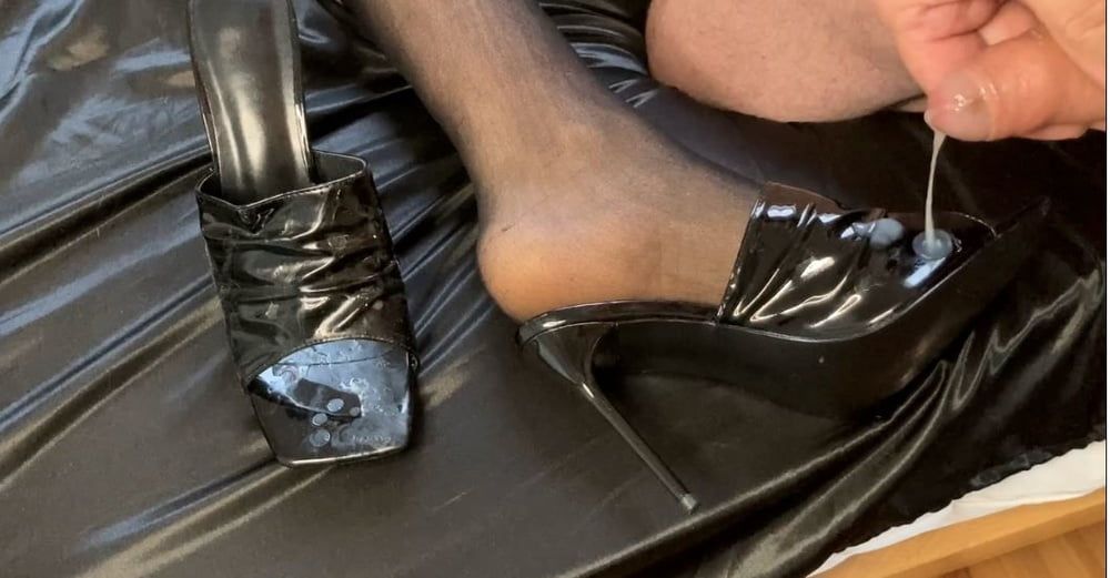 Cum on Black High Heel Mules #9