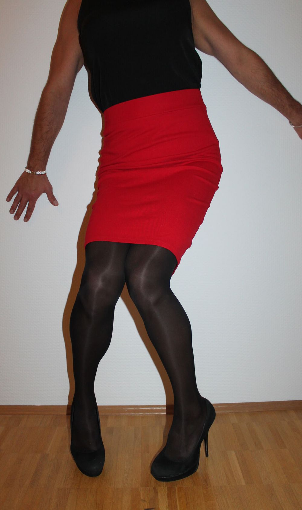 Red miniskirt and black pantyhose #2