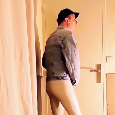 Cock stroking through white vinyl leggings - Part 1