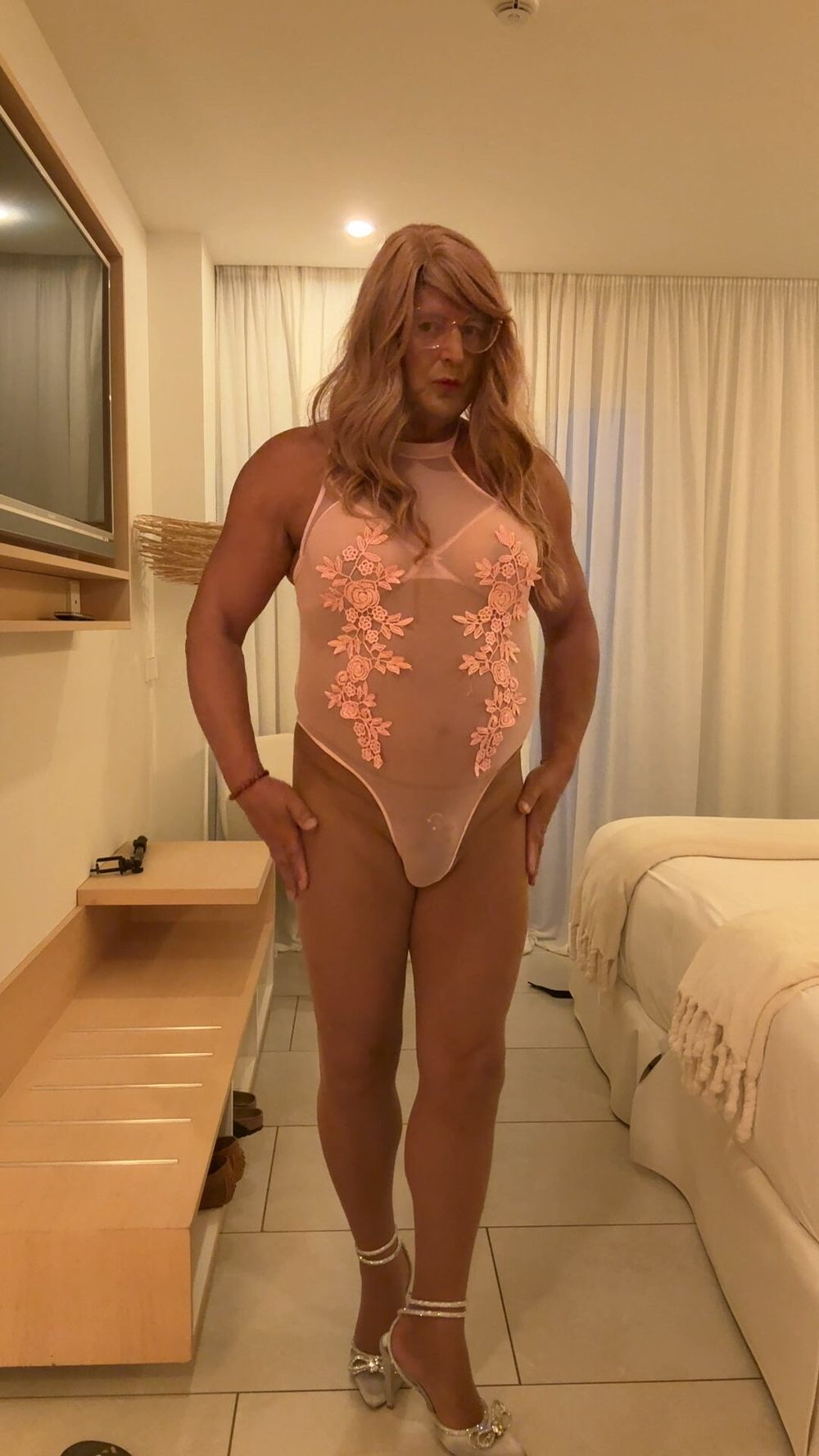 Sexy Crossdresser kellycd2022 in pink bodysuit and pantyhose #40