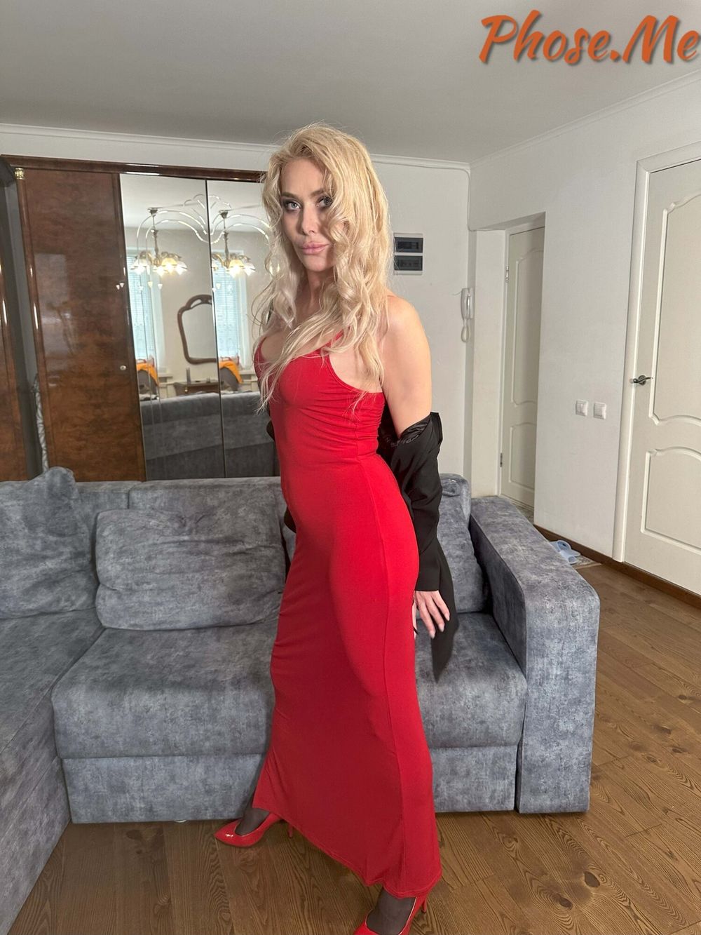 Blonde MIlf In Red Slit Dress, Black Pantyhose and Heels #6