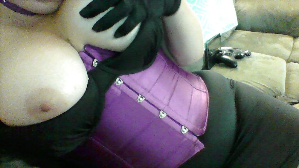 MILF in Purple Corset & Satin Gloves Playing with Huge Tits #6