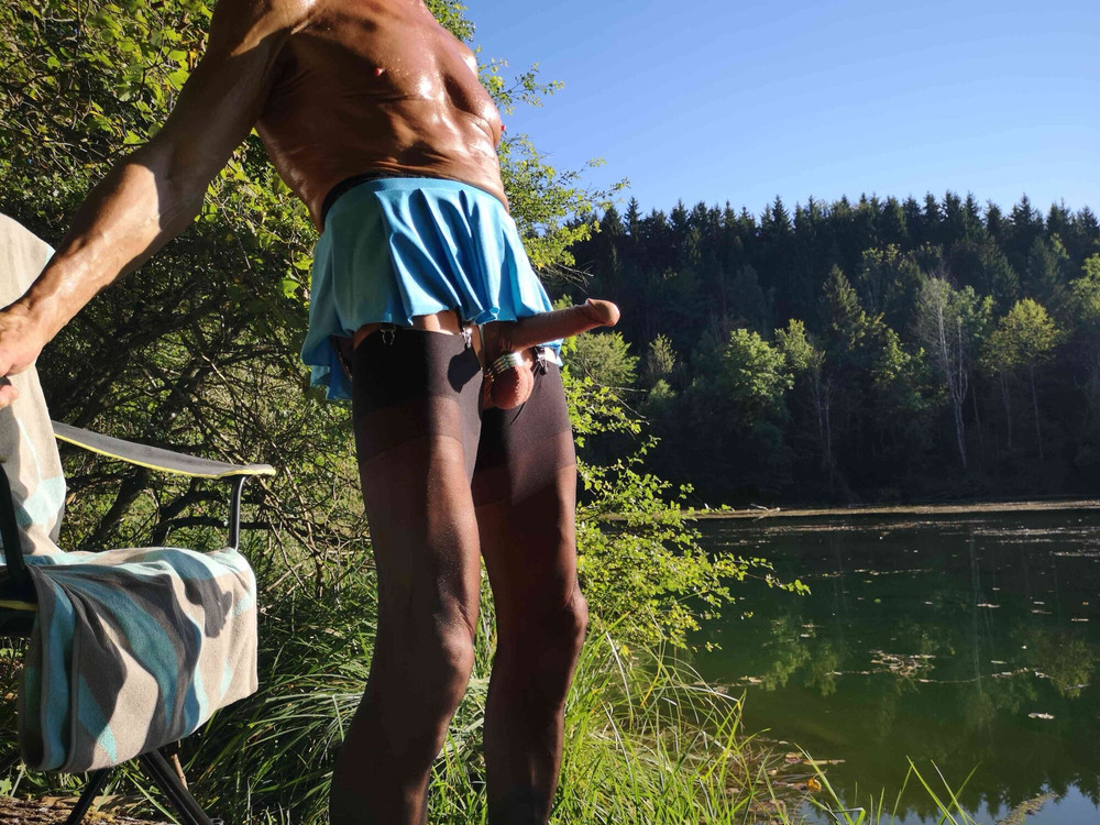 Micro Skirt and Boner at public Nudist Lake #7